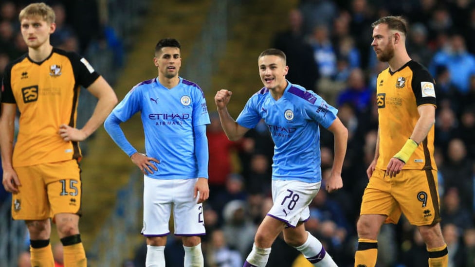 MOMENT TO SAVOUR : Taylor Harwood-Bellis celebrates after his first senior goal for City was confirmed by a VAR check