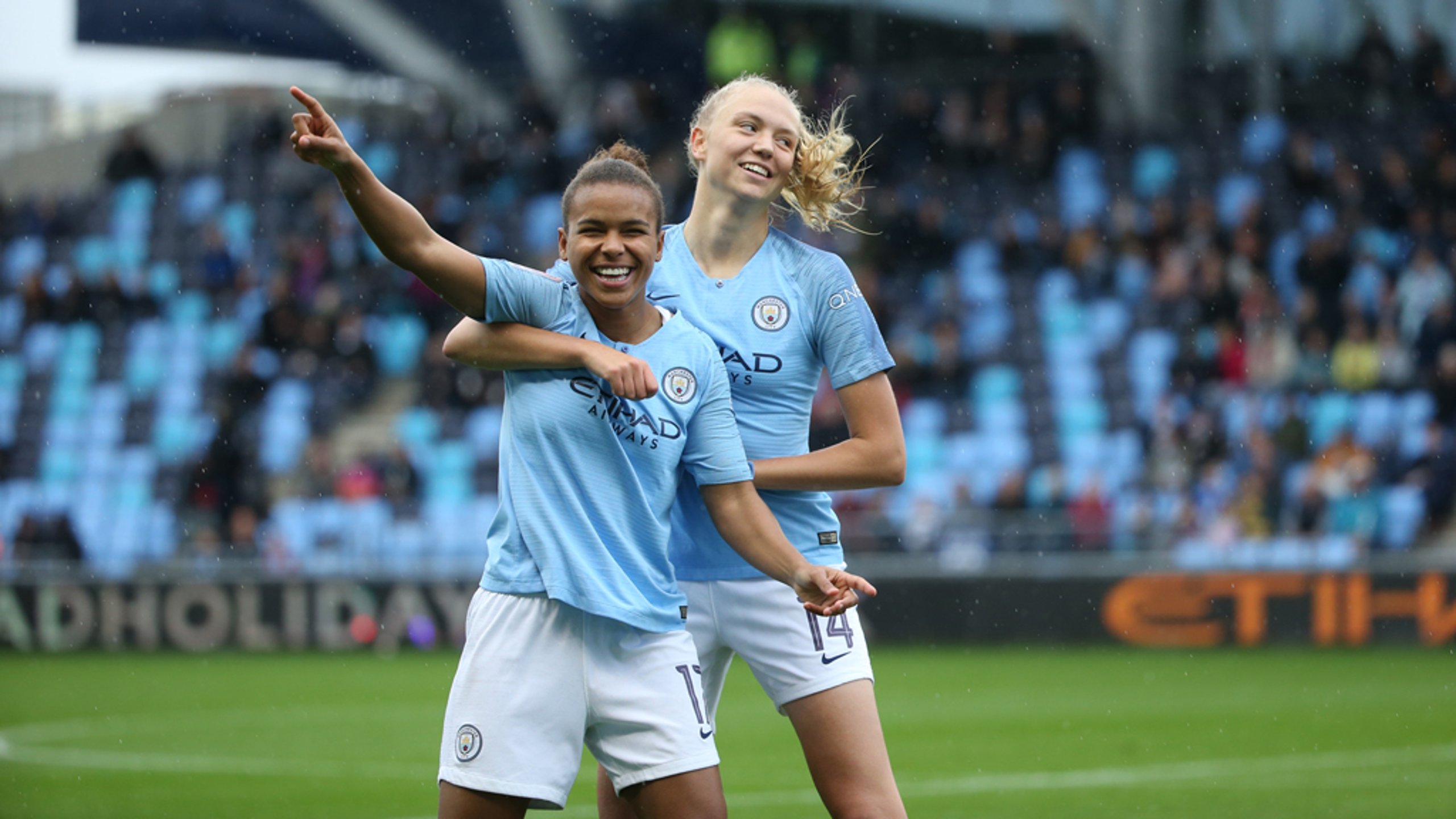 CELEBRATIONS: Nikita Parris and Esme Morgan express their delight.