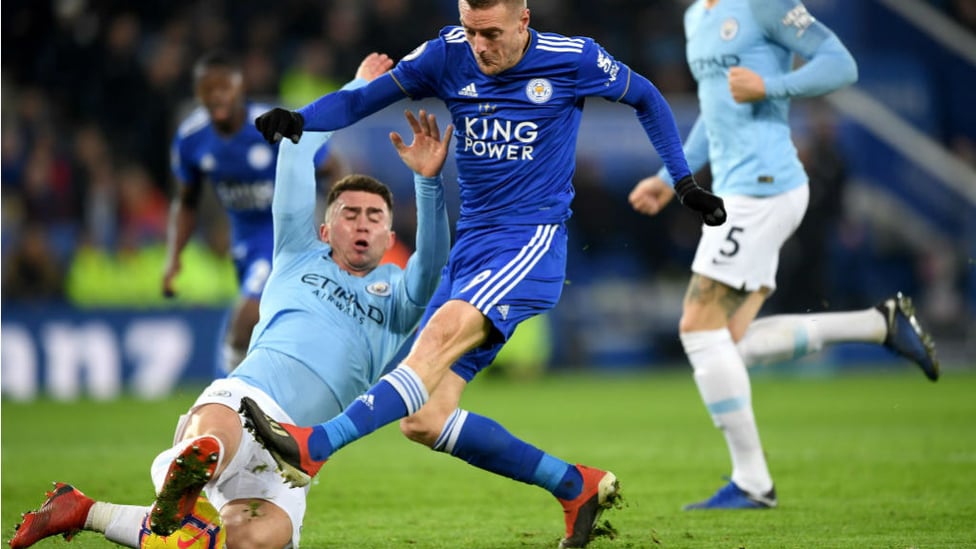 NICK OF TIME : Aymeric Laporte produces a crucial block to deny Jamie Vardy