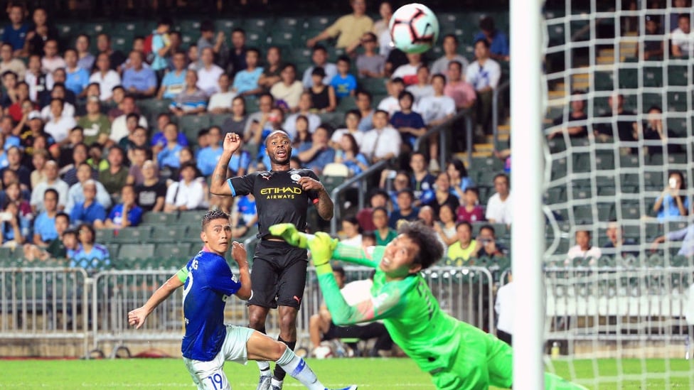 STERLING EFFORT : Raheem watches his brilliant finish curl into the net