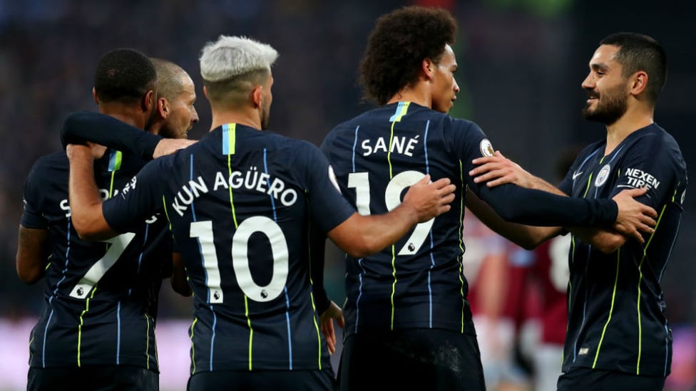 CAPITAL GAINS : The City players celebrate after Leroy Sane's strike
