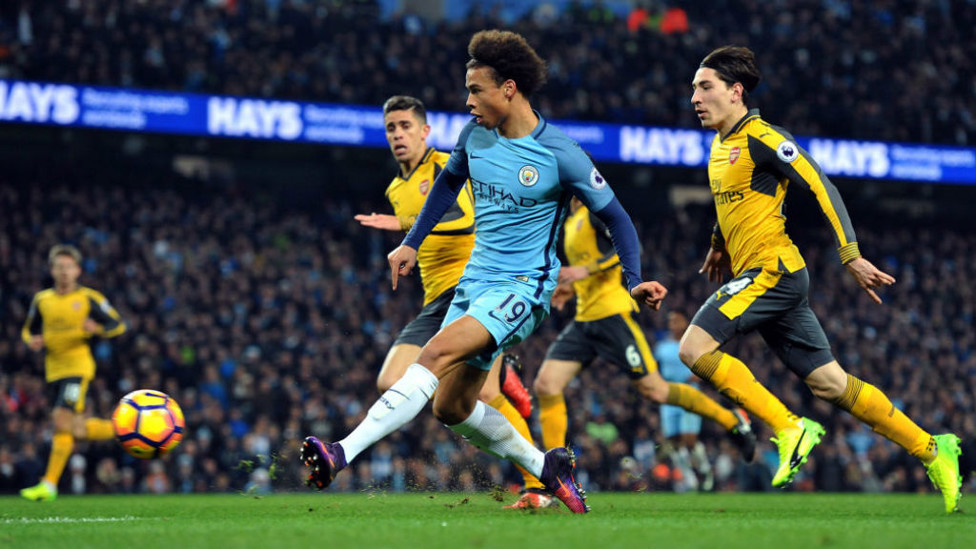 STRIKE ONE: Leroy claimed his first goal against Arsenal in December 2016