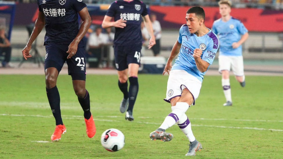 CHANCE : Ian Poveda powers in an early shot on the West Ham goal