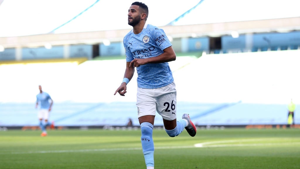 DREAM START: Mahrez celebrates blasting us ahead in the fourth minute.