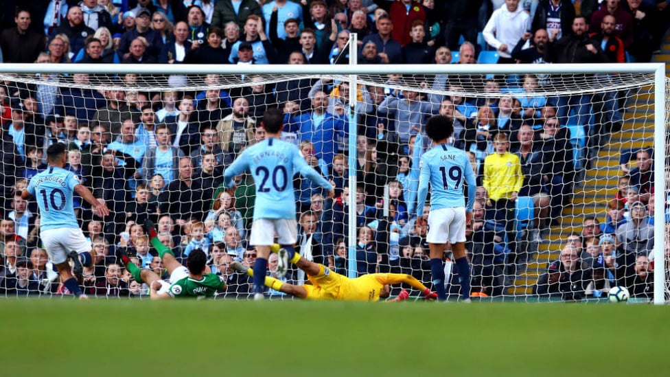 SUPER SERGIO : Aguero finishes superbly after a fine one-two with Sterling to put City 2-0 up.