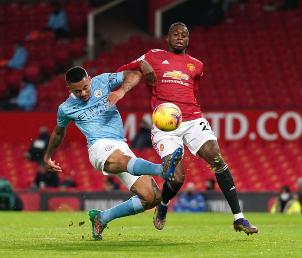 CLOSE: Gabriel Jesus tries to get a shot away under pressure from Aaron Wan-Bissaka