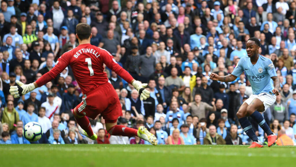 STERLING EFFORT: Raheem's shot is somehow saved by Bettinelli 