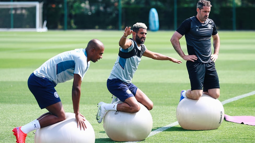 SHARPENING UP: Fernandinho, Riyad Mahrez and Scott Carson put their core strength to the test