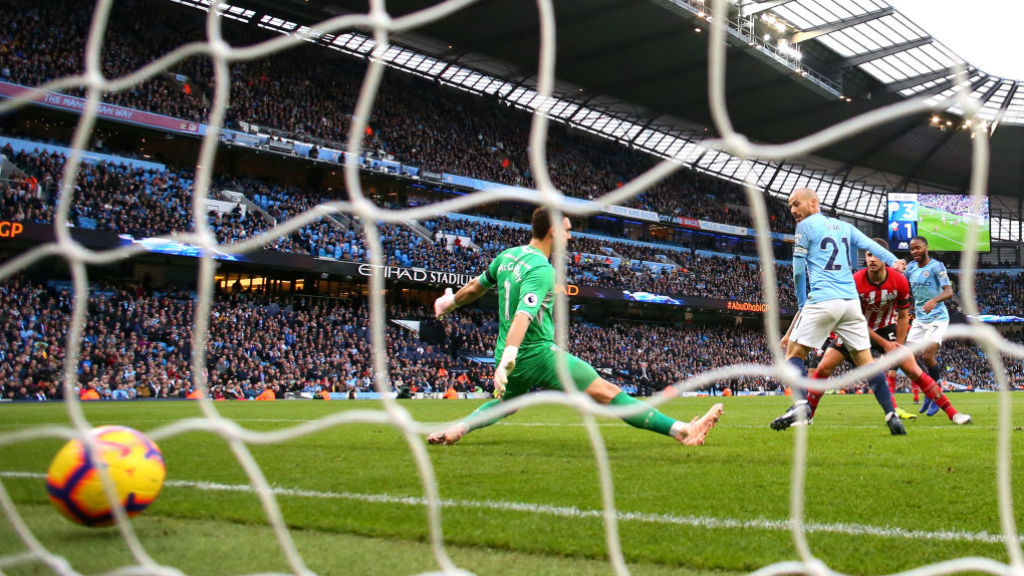 FAB FOUR : The ball nestles in the back of the Southampton net after Raheem Sterling's strike