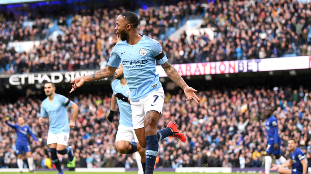 QUICK FIRE : Raheem sterling wheels away after firing City into an early lead v Chelsea