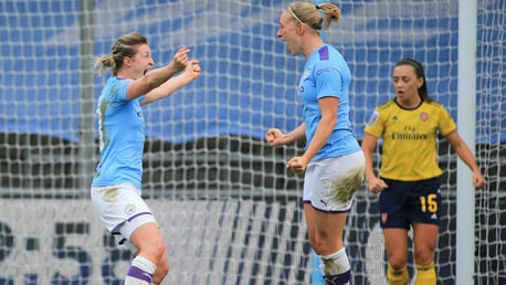 PAULINE POUNCES: Pauline Bremer and strike partner Ellen White celebrate the opener