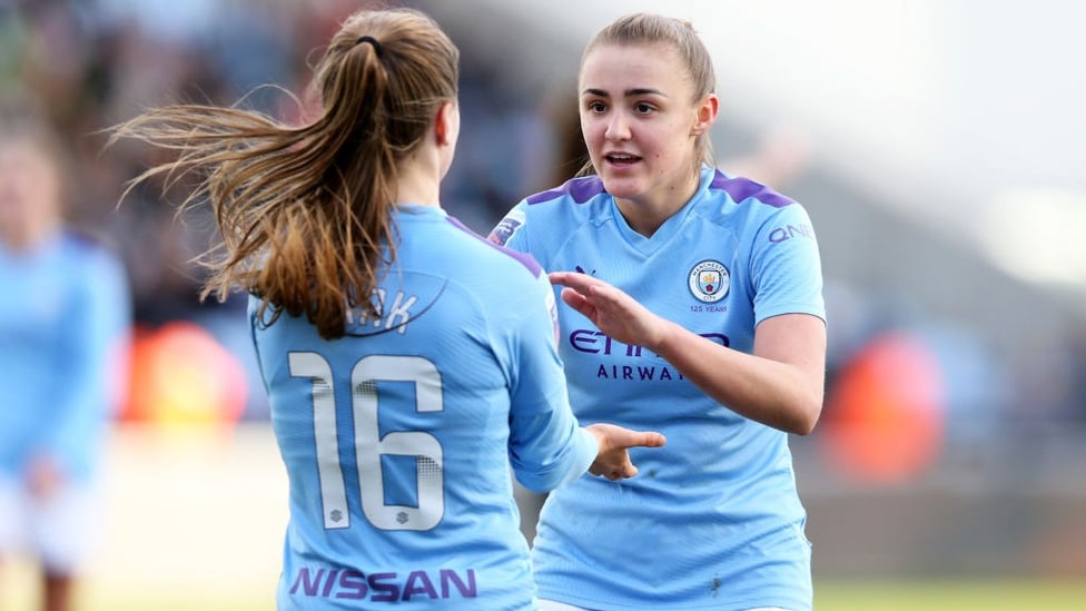 FUTURE'S BRIGHT : Georgia Stanway congratulates 18-year-old Jess Park against Ipswich Town. Both players hit a hat-trick in a 10-0 FA Cup victory.