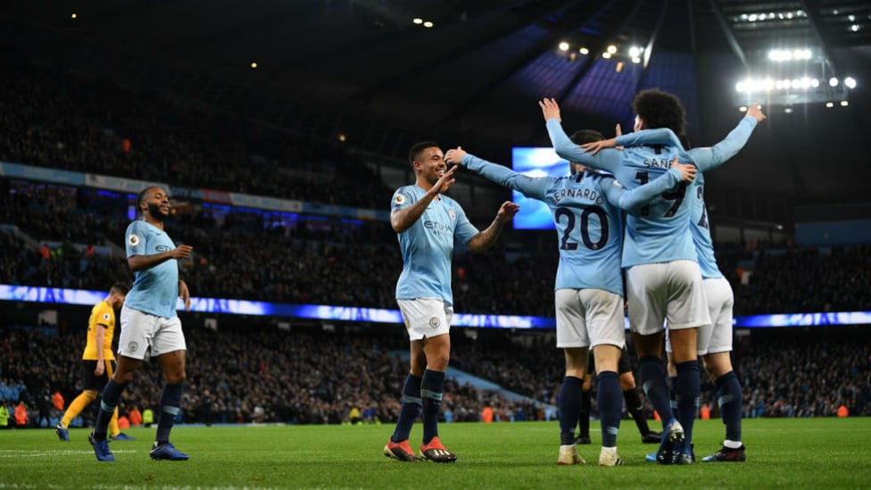 HUGS FOR ALL : Gabriel Jesus celebrates his opening goal of the game with his City team mates