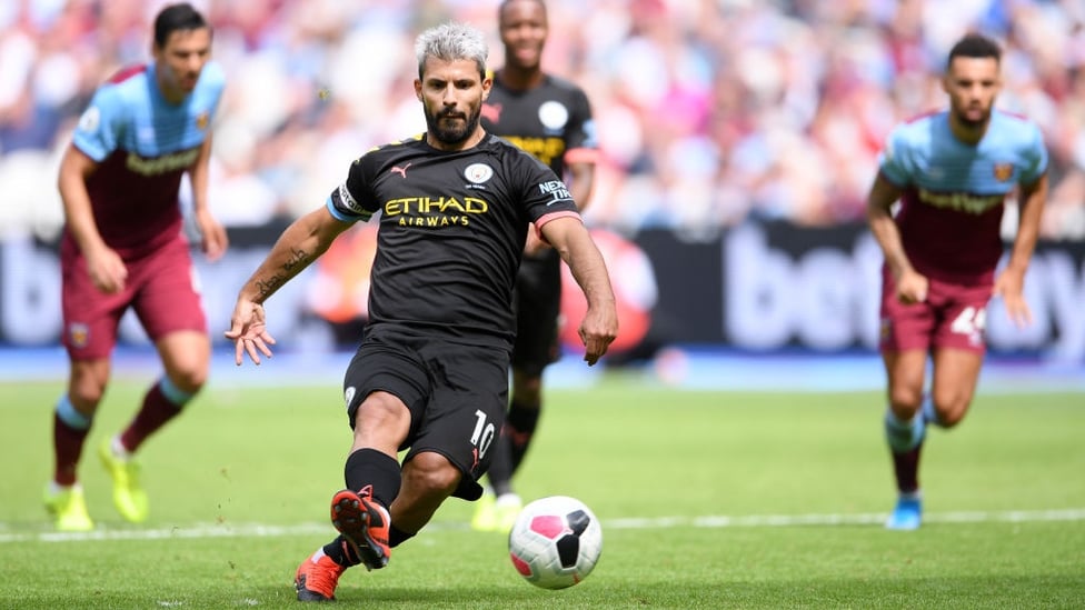 RESPONSIBILITY : Sergio Aguero scores with his second attempt from the penalty spot.