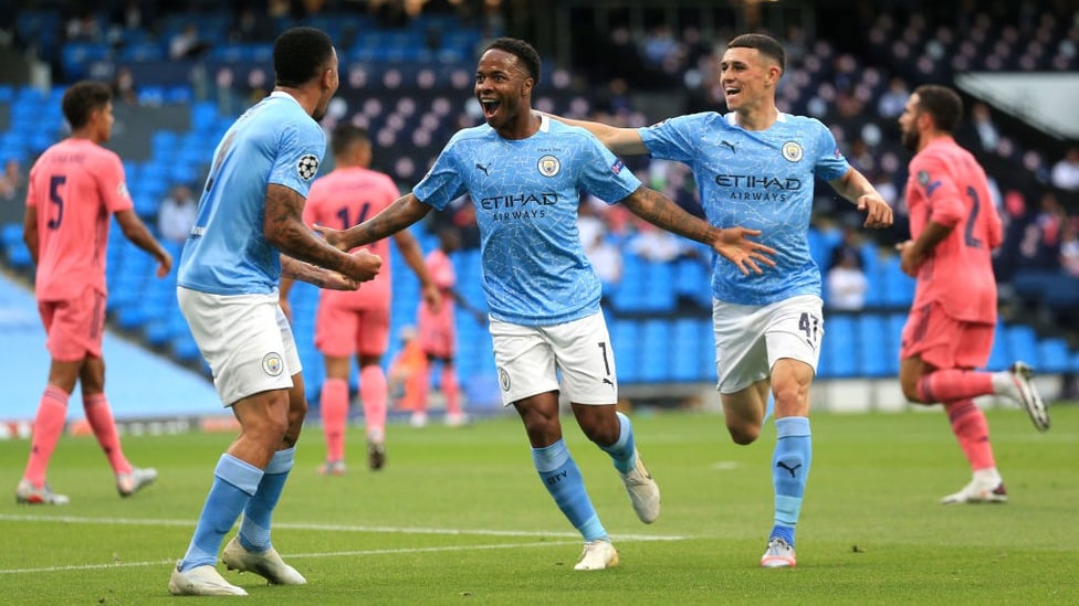 STERLING CELEBRATION: Raheem rightly praises Gabriel Jesus for his hand in the opener
