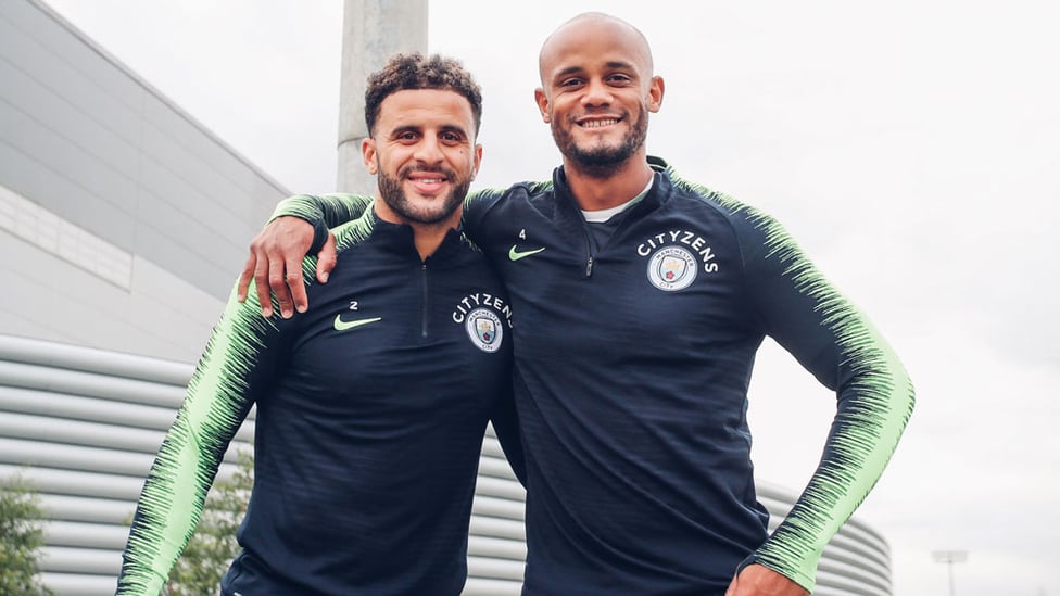 DEFENSIVE DUO : Smiles from Vincent Kompany and Kyle Walker.