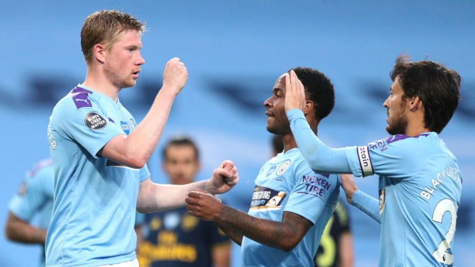 DOUBLE DELIGHT: KDB and Co celebrate after the Belgian's penalty