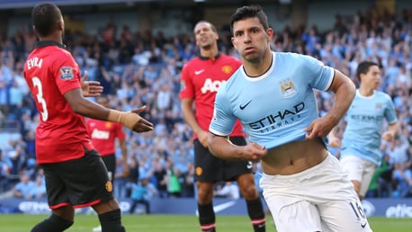 DERBY DELIGHT: Sergio Aguero celebrates his first goal against United in September 2013