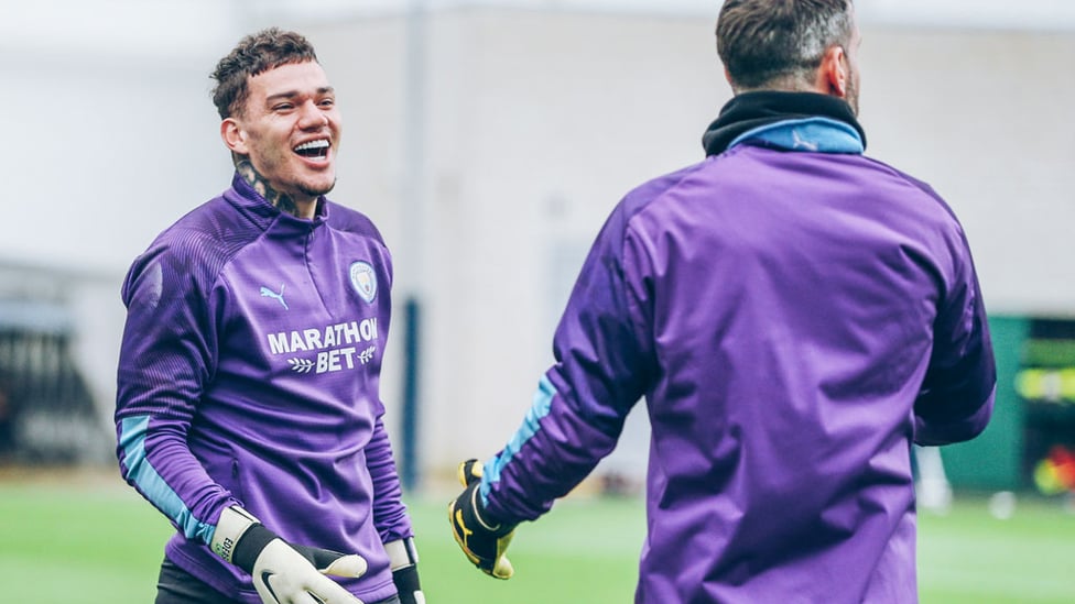 KEEPERS' UNION : Ederson and Claudio Bravo share a joke.