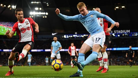 PROBING: Kevin De Bruyne looks for an opening in Southampton's resolute defence.