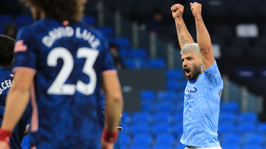 GET IN!: Sergio Aguero can't contain his delight after Raheem Sterling's opener