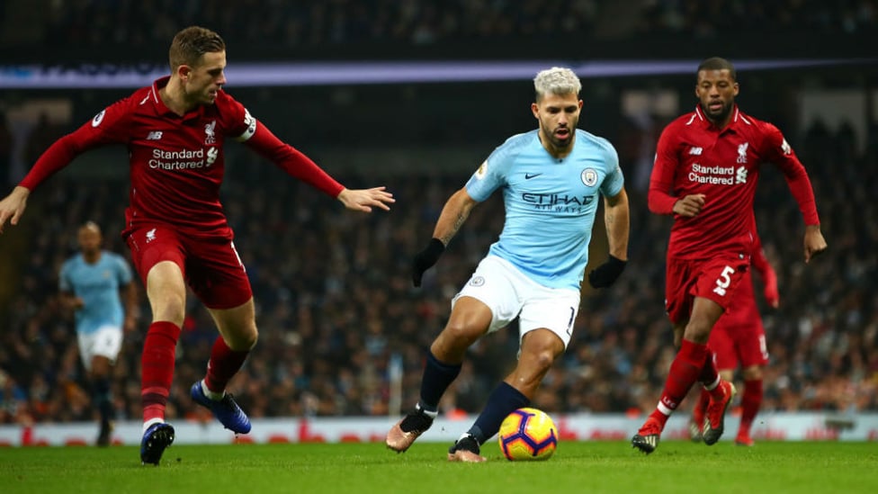 SILVER STREAK : Sergio Aguero runs at the Liverpool defence during our 2-1 win over the Anfield side in January.