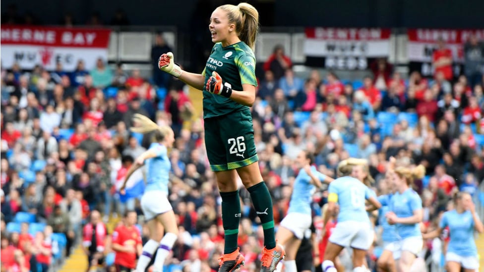 JUMPING FOR JOY : Goalkeeper Ellie Roebuck joins in the celebrations after Caroline Weir's goal