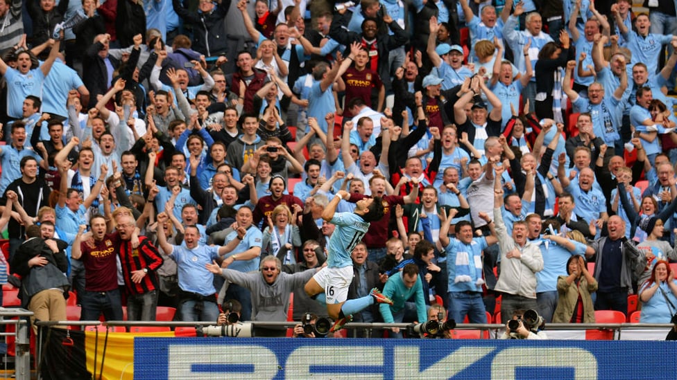WEMBLEY WIZARD : Sergio leaps for joy after netting the winner in the 2013 FA Cup semi-final against Chelsea