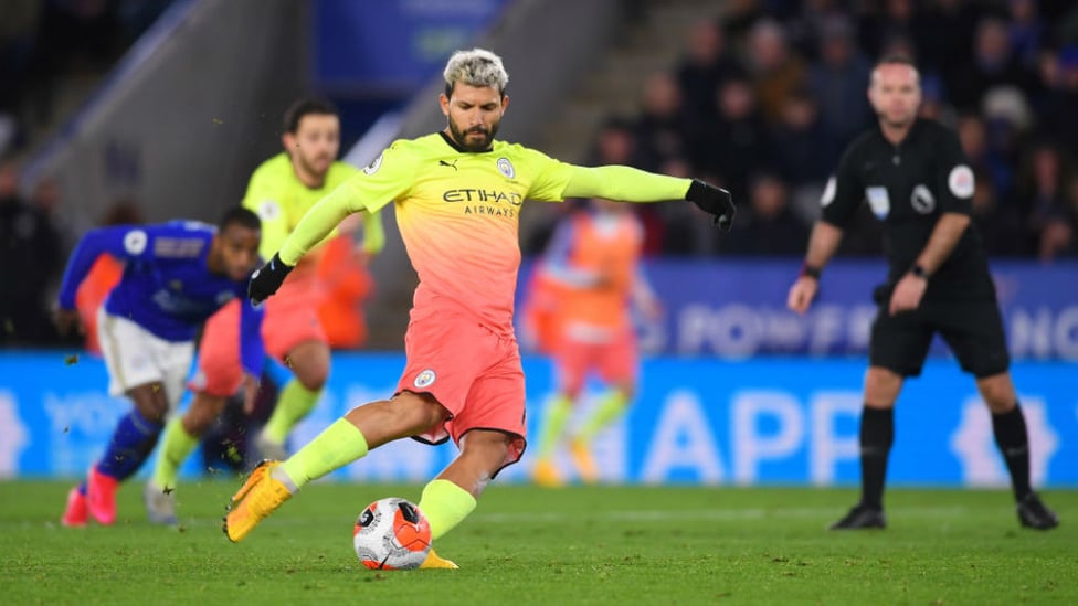 POISON PEN: Sergio Aguero's spot kick was saved by Kasper Schmeichel