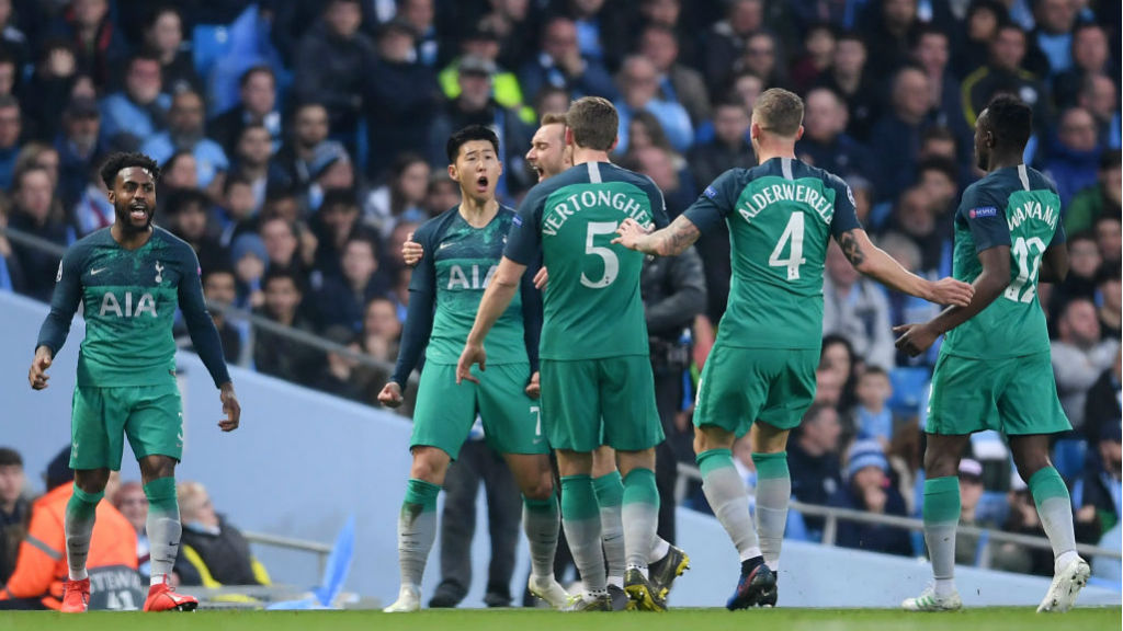 CAPITAL GAIN : Son and his Spurs team-mates celebrate after his early brace