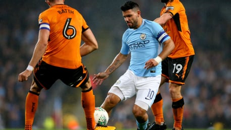 LEADING MAN: Sergio Aguero looks to force is way through the Wolves defence