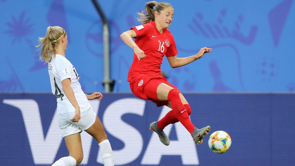 JUMP: Janine Beckie in action for Canada at the World Cup.