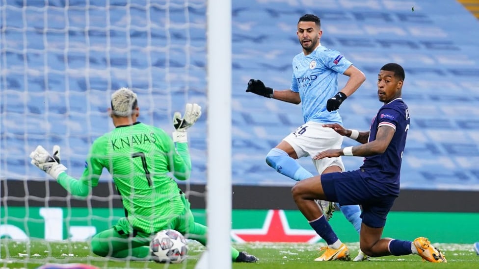 BREAKTHROUGH: Riyad Mahrez pokes the opening goal under Keylor Navas