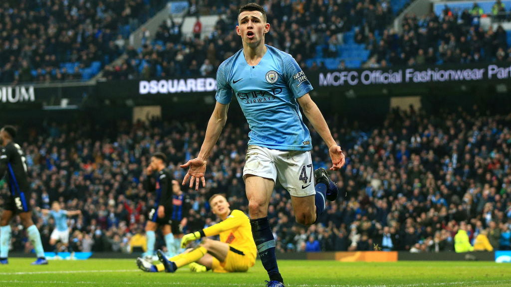 CENTRE OF ATTENTION : Phil Foden savours the moment after his first goal at the Etihad