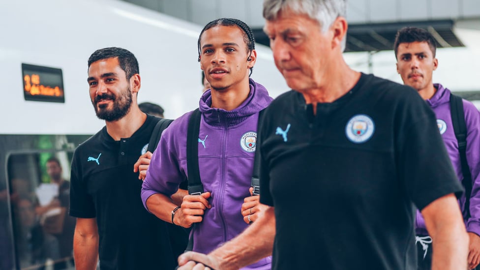 HERE WE GO : Ilkay Gundogan, Leroy Sane, Brian Kidd and Rodri are ready to board.