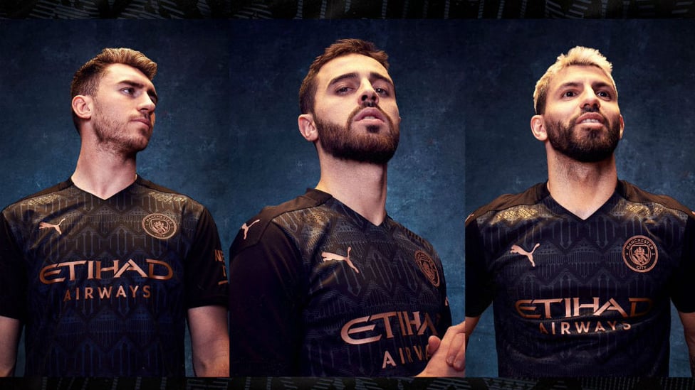 CITY SLICKERS: Aymeric Laporte, Bernardo Silva and Sergio try on our new away kit for size