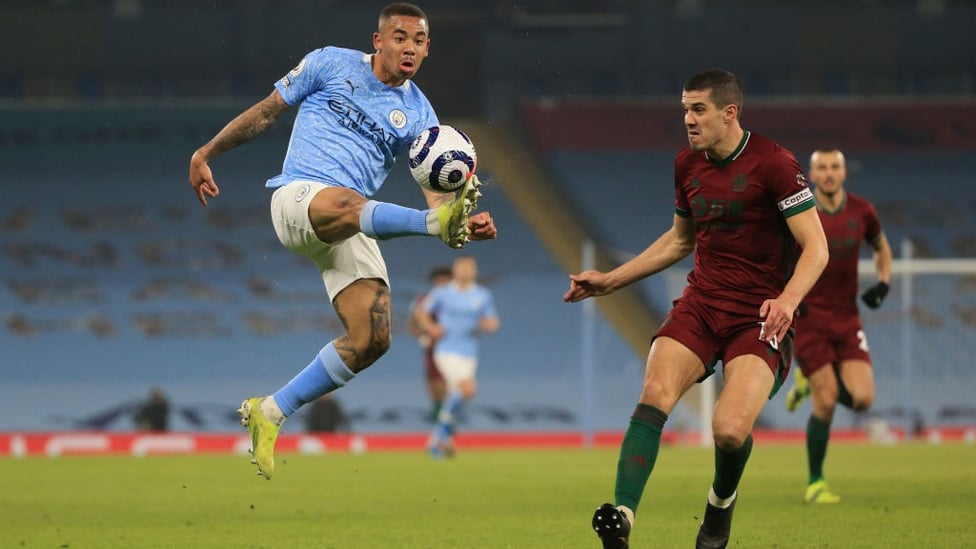 UP HIGH: Gabriel Jesus plucks the ball out of the air