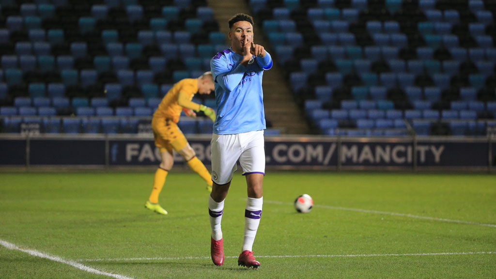 DOUBLE DELIGHT : Morgan Rogers is all smiles after putting City 2-0 ahead