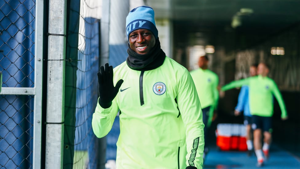 GIVE US A WAVE : Benjamin Mendy in high spirits ahead of training