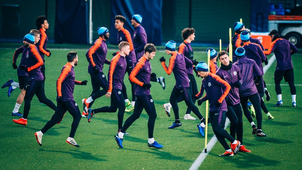 PURPLE REIGN : The City squad are put through their paces ahead of Wednesday's clash with Hoffenheim