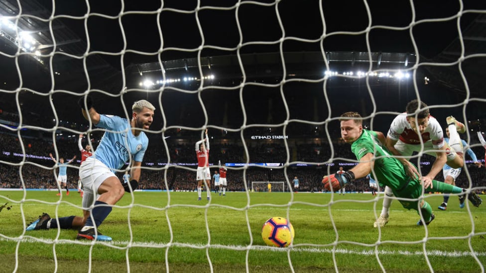 ROLLING THUNDER : Arsenal keeper Bernd Leno cant prevent Kun striking on the way to his 10th City league hat-trick, in a February 2019 Etihad clash