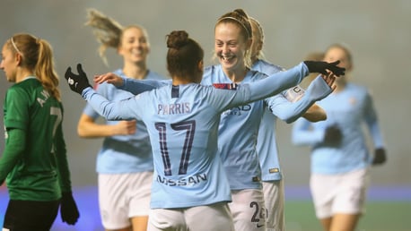 DELIGHT: Keira Walsh congratulates Nikita Parris on her milestone