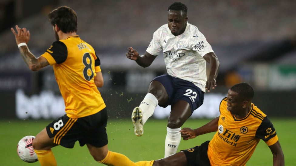 NOT THIS TIME: Benjamin Mendy is denied by some last-ditch Wolves tackling