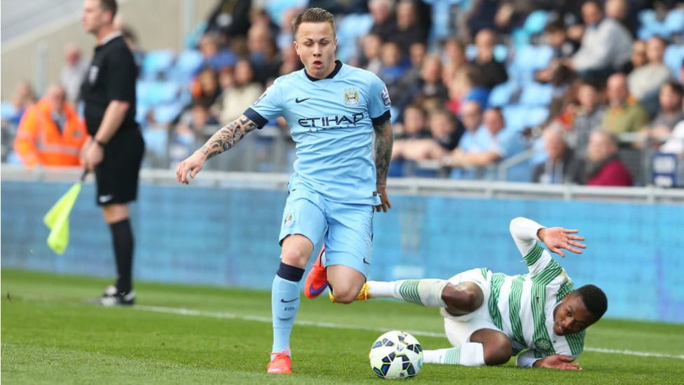 CELTIC CHARM : Angelino powers down the flank in an International Under-21 Trophy clash against Celtic