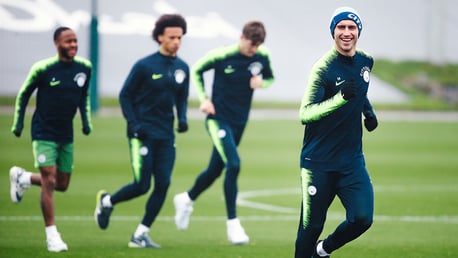 HATS MY BOY: Aymeric Laporte sported some nifty headgear to keep out the November chill