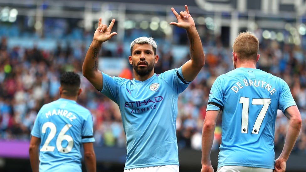 UNSTOPPABLE : Sergio Aguero celebrates after netting his fifth goal of the season.