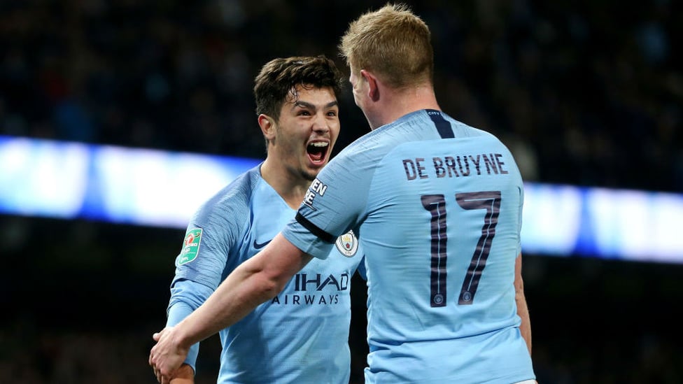 DELIGHT : KDB and Diaz after Brahim's second goal of the night.