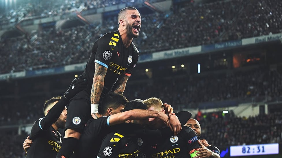 JUMPING FOR JOY : Walker showing just how much it means to win at the Bernabeu in February 2020.