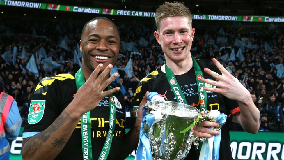 DYNAMIC DUO : Sterling and De Bruyne strike a pose with a familiar piece of silverware.