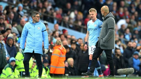 Oleksandr Zinchenko is substituted early in the first-half with an injury